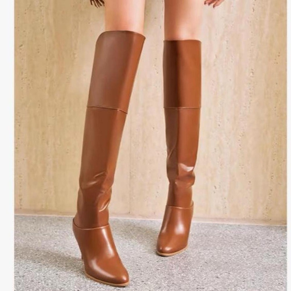 Coutgo Womens Thigh High Boots Pointed Toe Chunky Heel Wide Calf - Picture 3 of 8